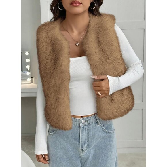 Women's Tan Faux Fur Vest Fall Fashion Sleeveless Fuzzy Jacket Fluffy Coats - Picture 4 of 5